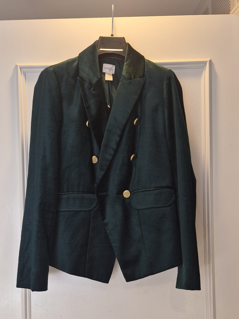 Chico's Emerald Green Double-Breasted Velvet Blazer with Gold Buttons
